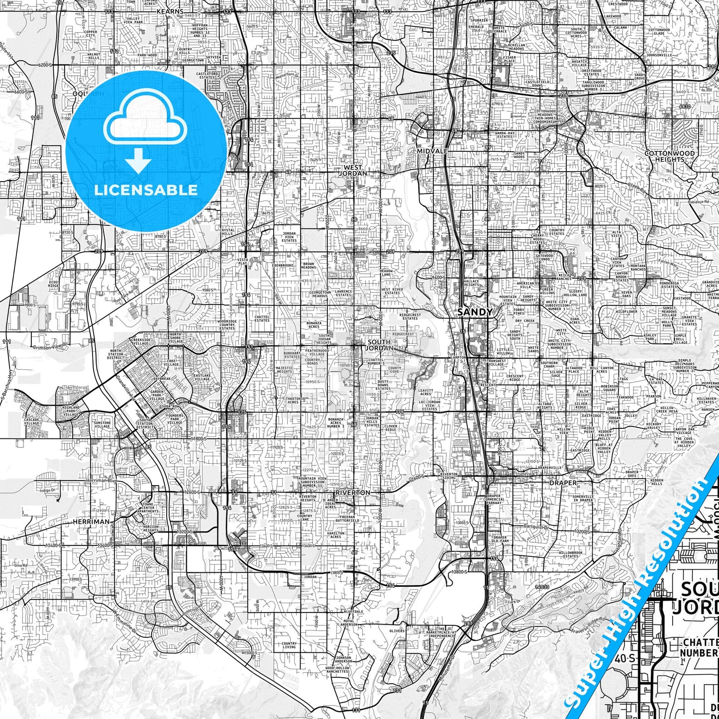 South Jordan, Utah light map with streetnames, citynames and districts