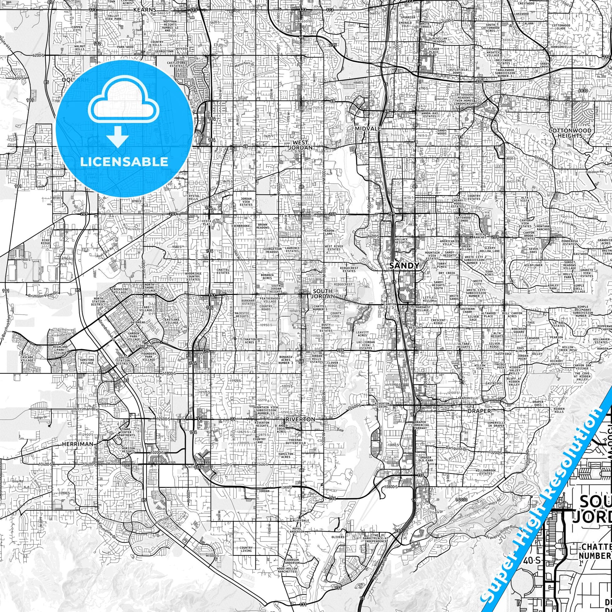 South Jordan, Utah light map with streetnames, citynames and districts