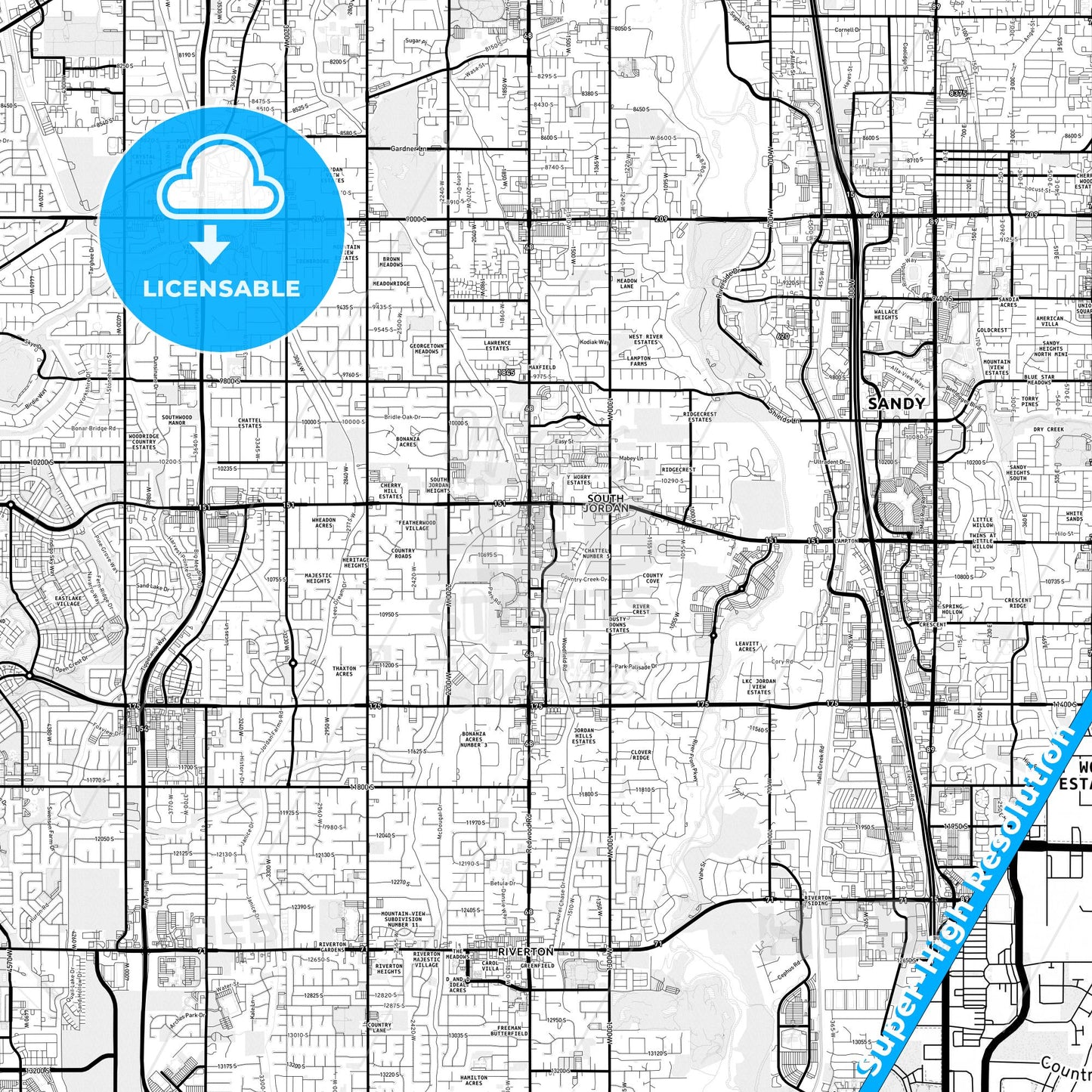South Jordan, Utah Light Map with Street Names, City Names, and Districts