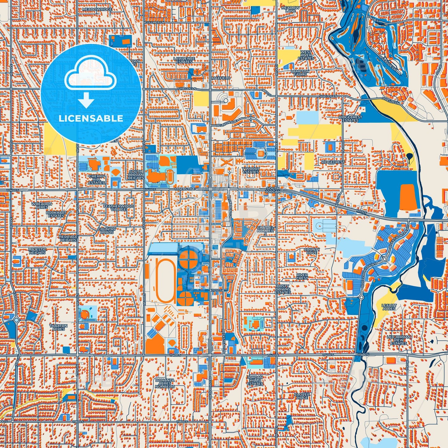 Colorful South Jordan Street Map with Labels and Buildings