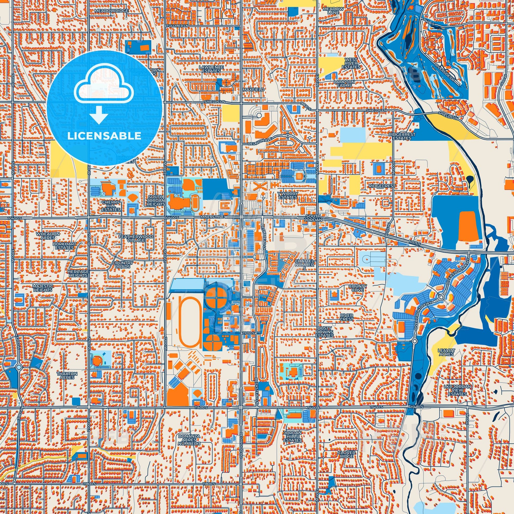 Colorful South Jordan Street Map with Labels and Buildings