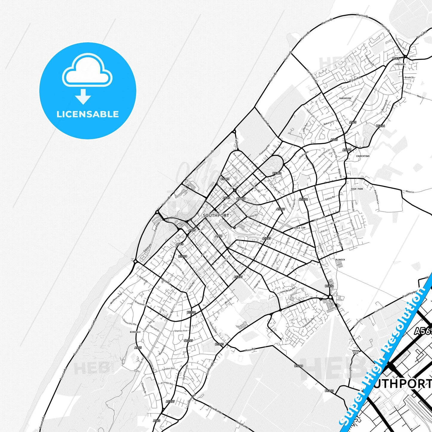 Southport, England Light Map with Street Names, City Names, and Districts