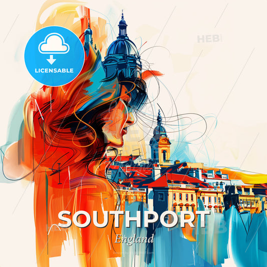 Vibrant Southport, England - A Woman Looking At A City - Square format print template