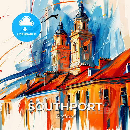 Vibrant Southport, England - A Painting Of A Building With A Couple Of Towers - Square format print template