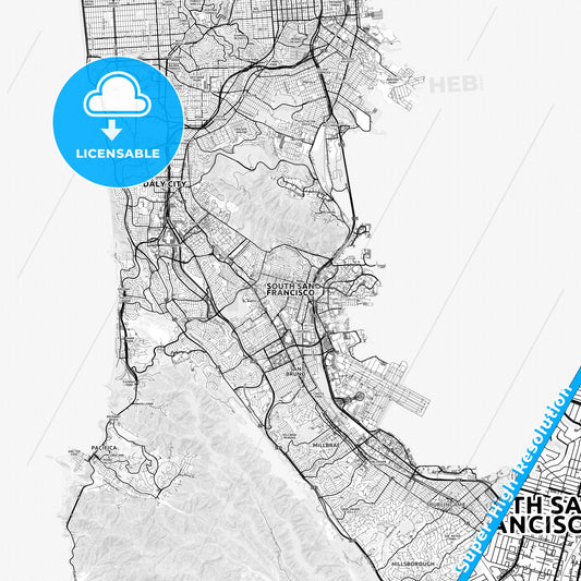 South San Francisco, California light map with streetnames, citynames and districts