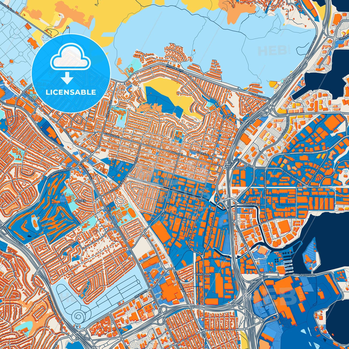 Colorful South San Francisco Street Map with Labels and Buildings