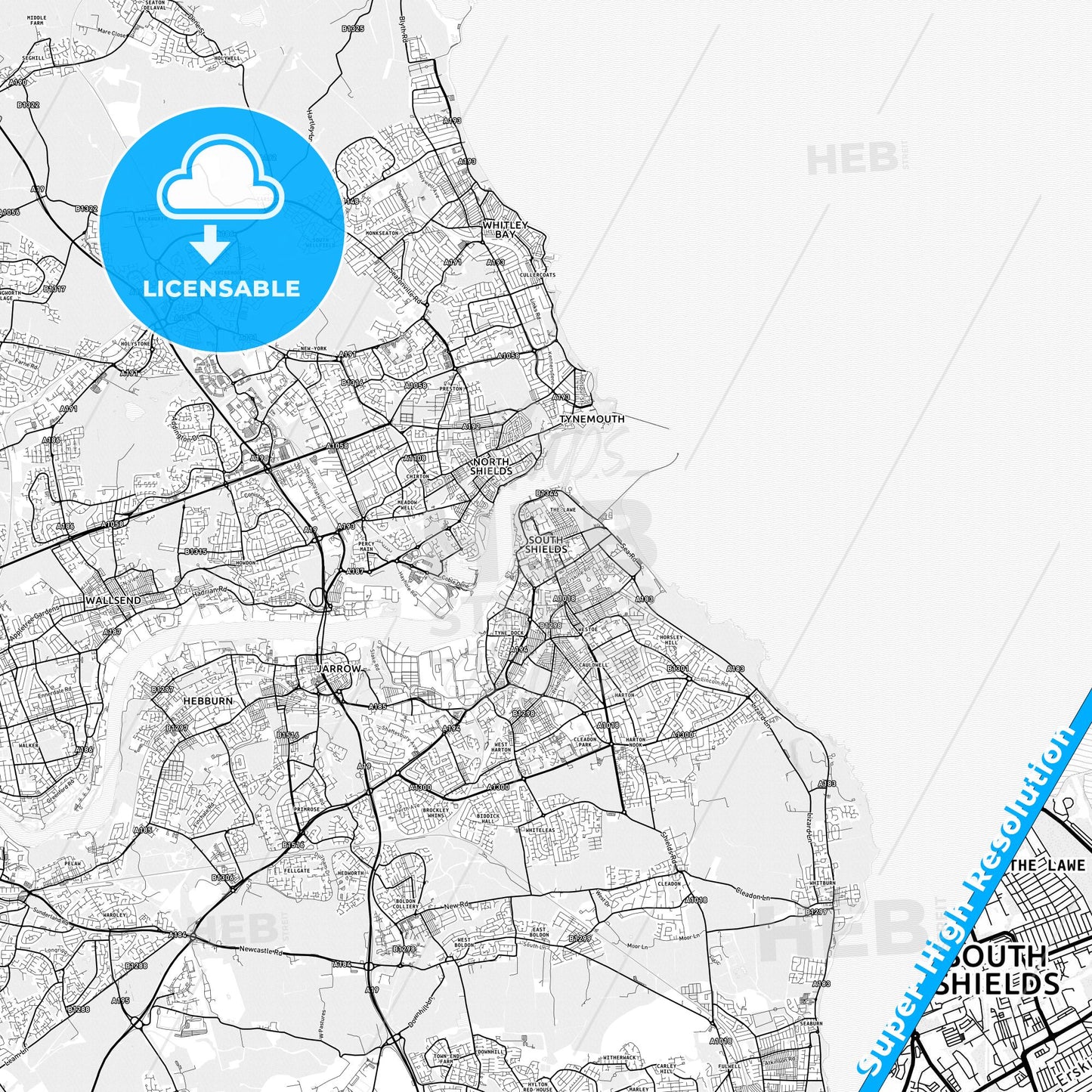 South Shields, England light map with streetnames, citynames and districts