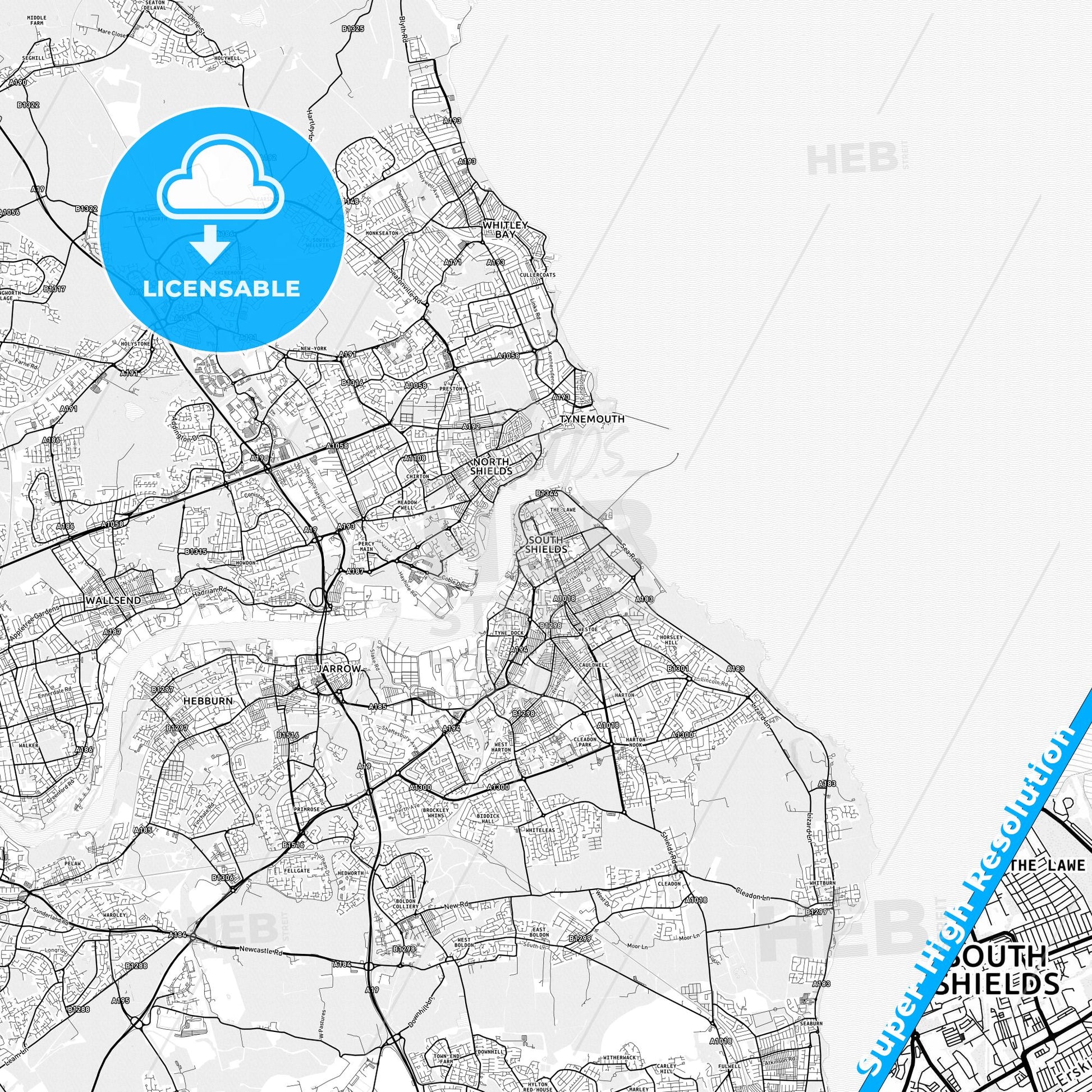 South Shields, England light map with streetnames, citynames and districts