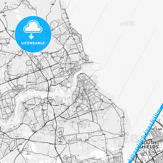 South Shields, England light map with streetnames, citynames and districts