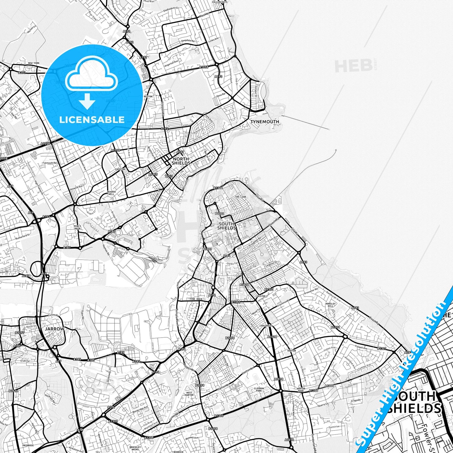 South Shields, England Light Map with Street Names, City Names, and Districts