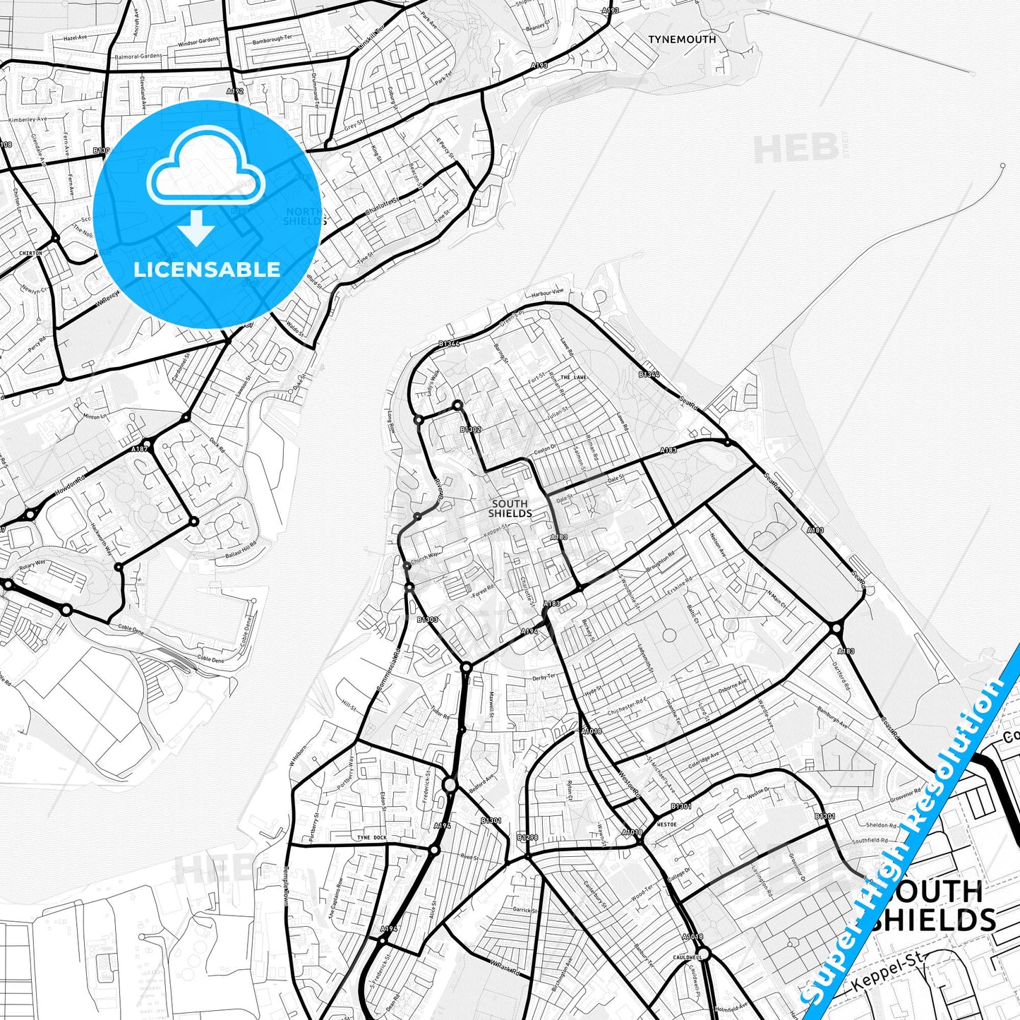 South Shields, England Light Map with Street Names, City Names, and Districts