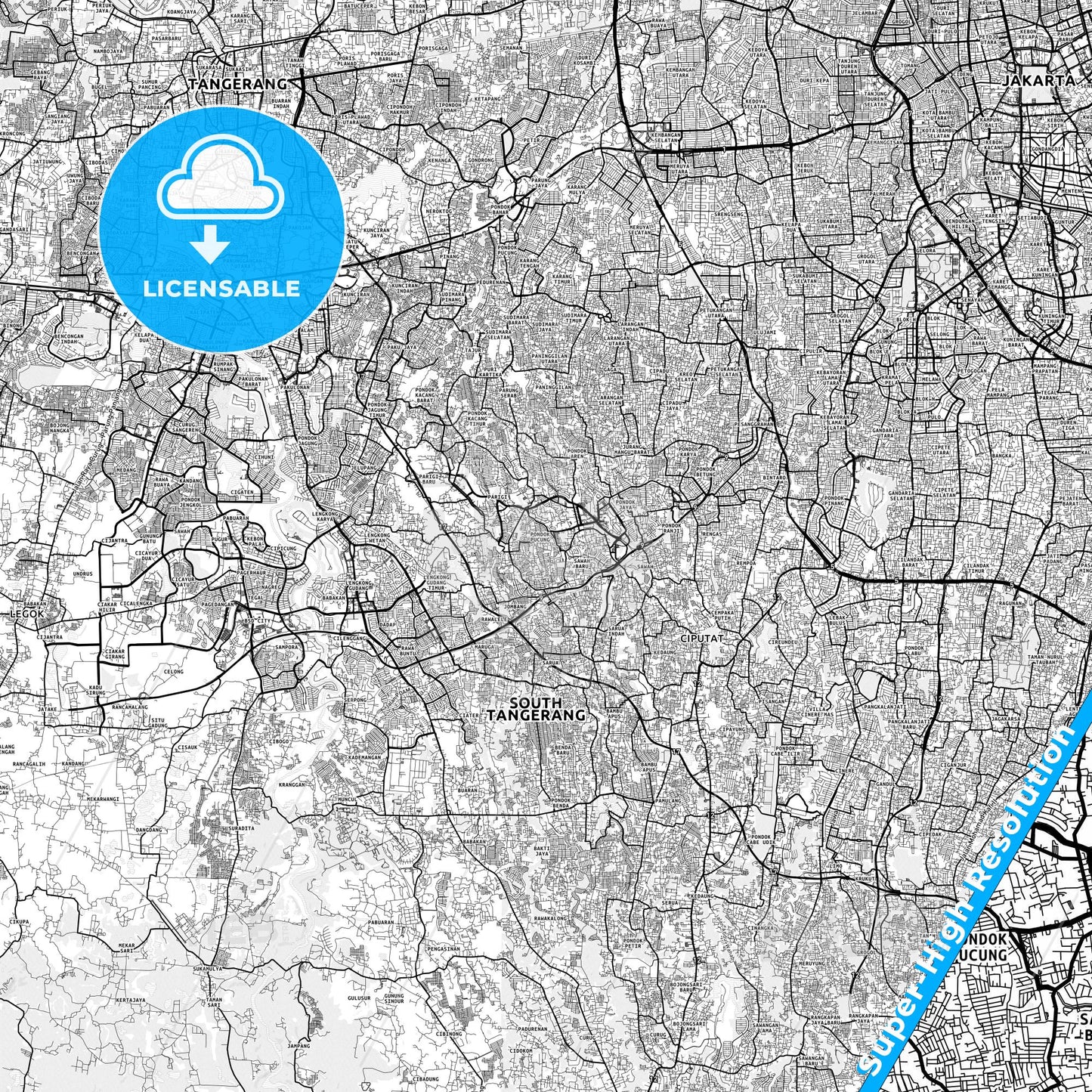 South Tangerang, Indonesia light map with streetnames, citynames and districts