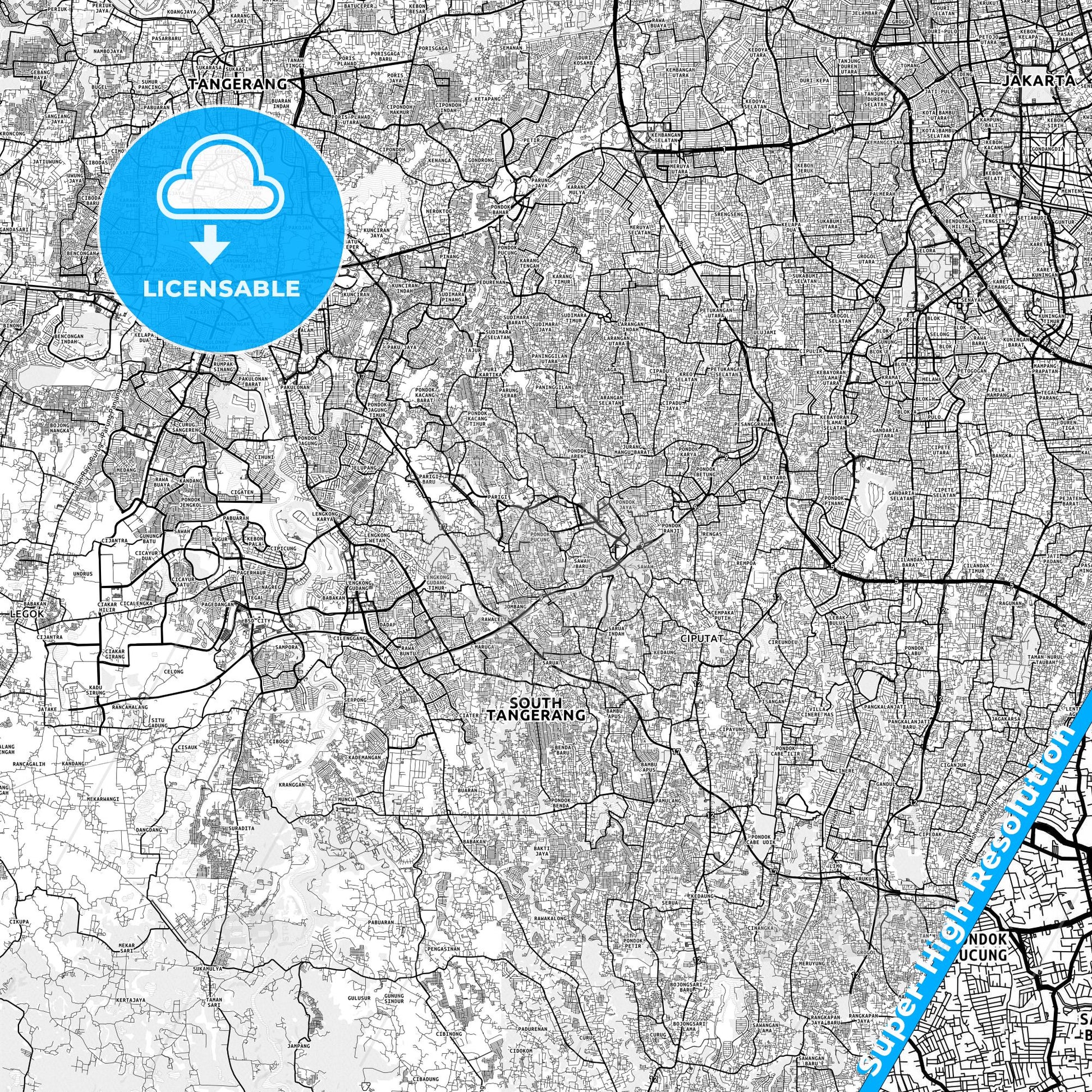 South Tangerang, Indonesia light map with streetnames, citynames and districts
