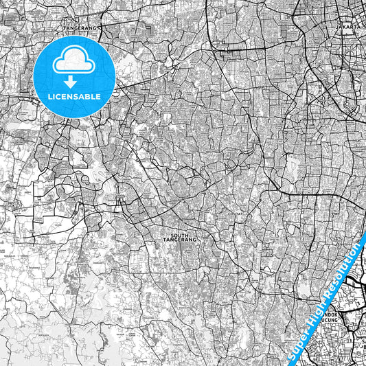 South Tangerang, Indonesia light map with streetnames, citynames and districts