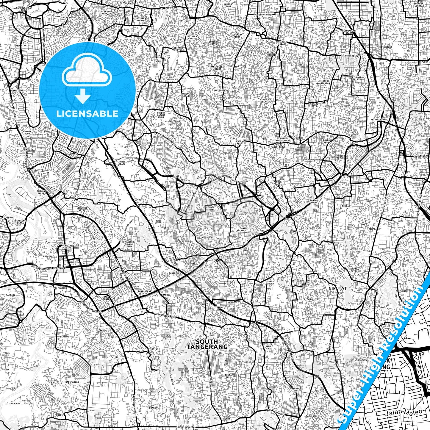 South Tangerang, Indonesia Light Map with Street Names, City Names, and Districts