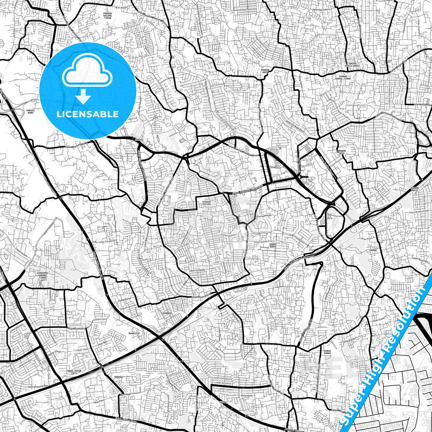 South Tangerang, Indonesia Light Map with Street Names, City Names, and Districts