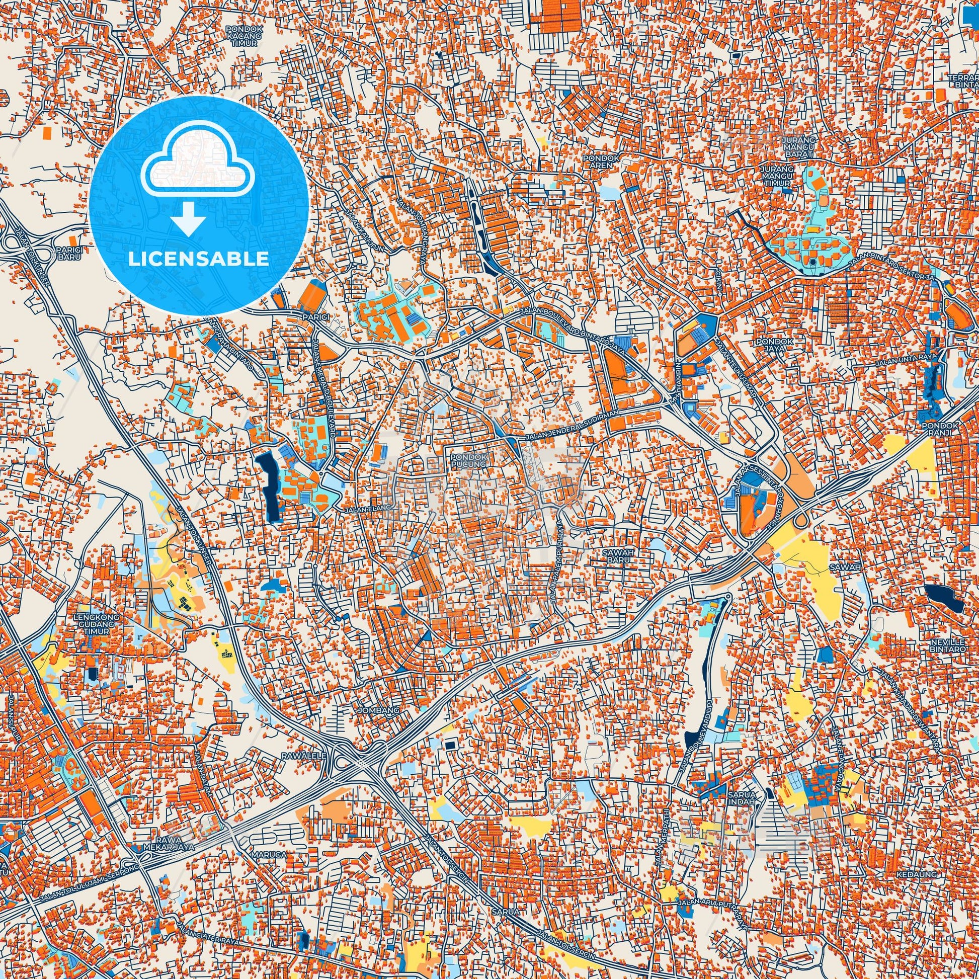 Colorful South Tangerang Street Map with Labels and Buildings