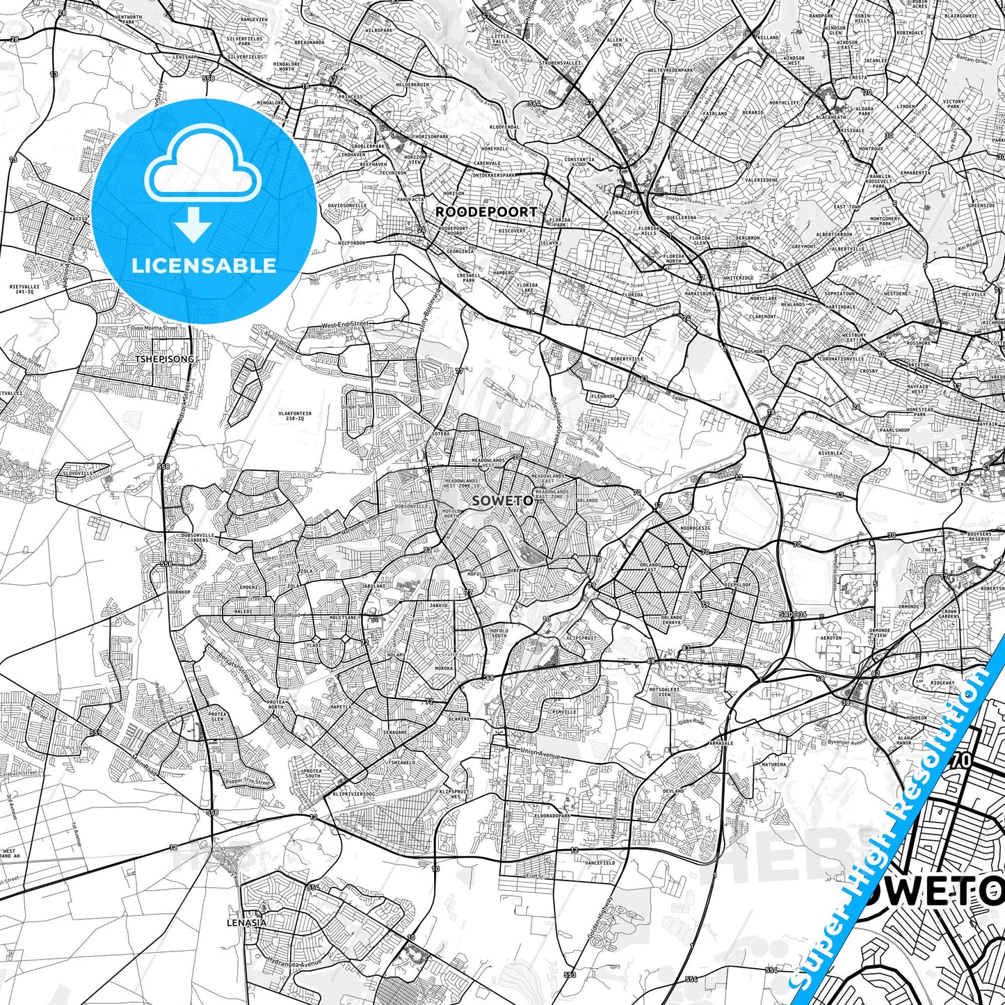 Soweto, South Africa light map with streetnames, citynames and districts
