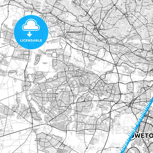Soweto, South Africa light map with streetnames, citynames and districts
