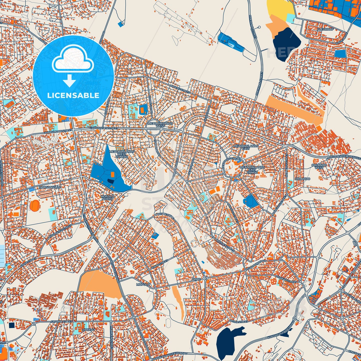 Colorful Soweto Street Map with Labels and Buildings