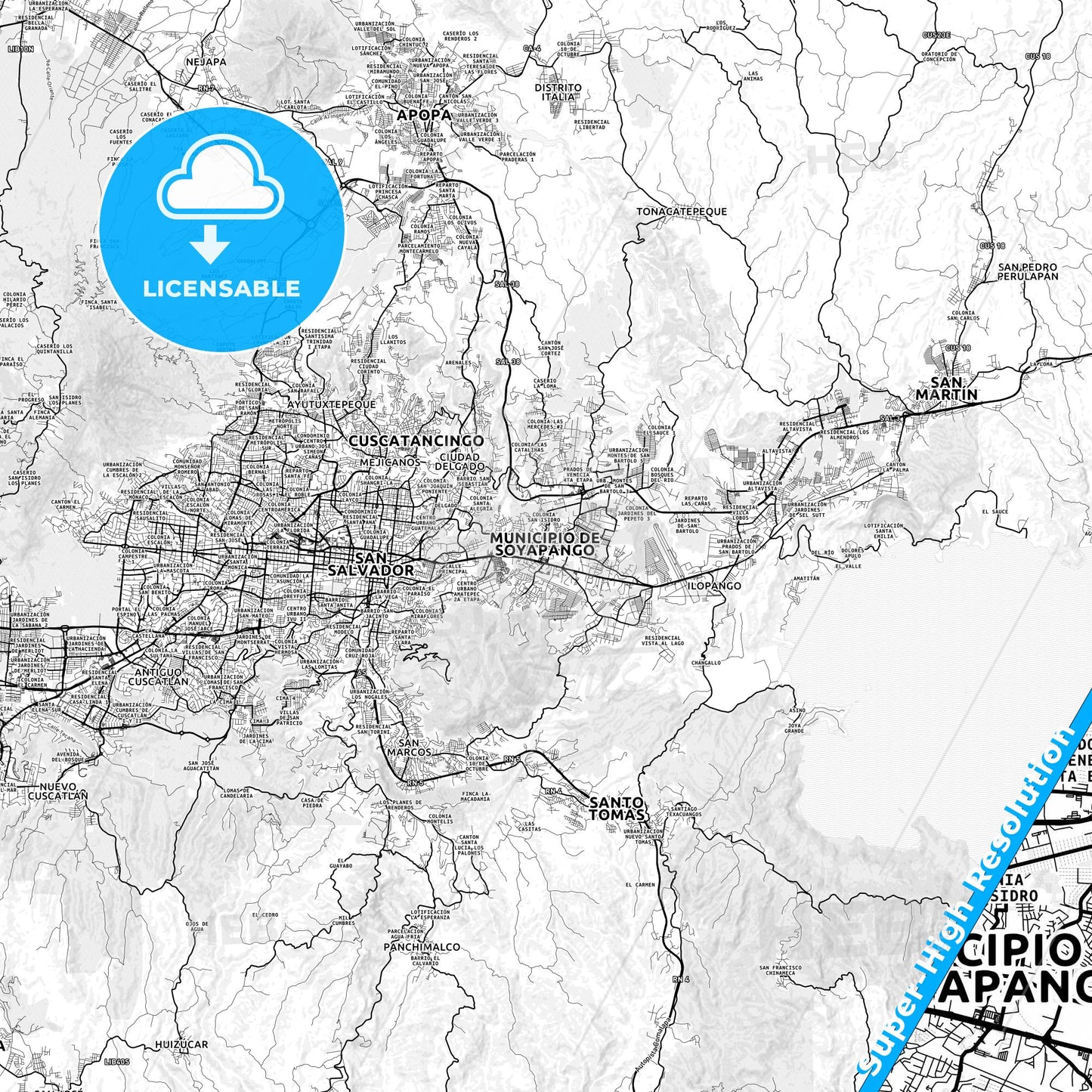 Soyapango, El Salvador light map with streetnames, citynames and districts