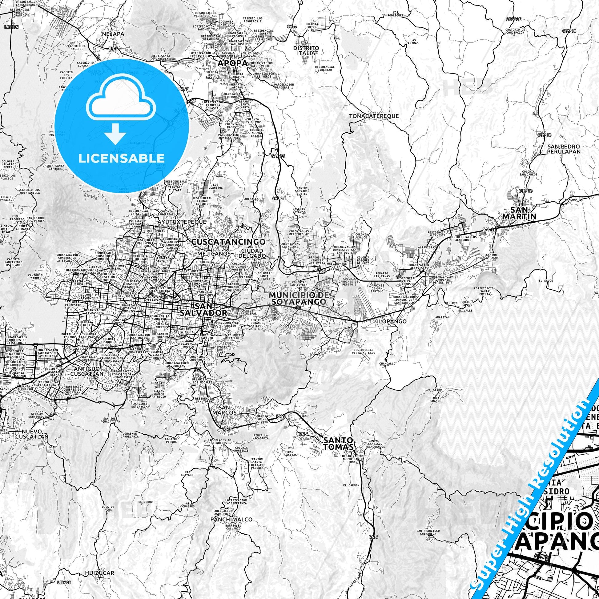 Soyapango, El Salvador light map with streetnames, citynames and districts