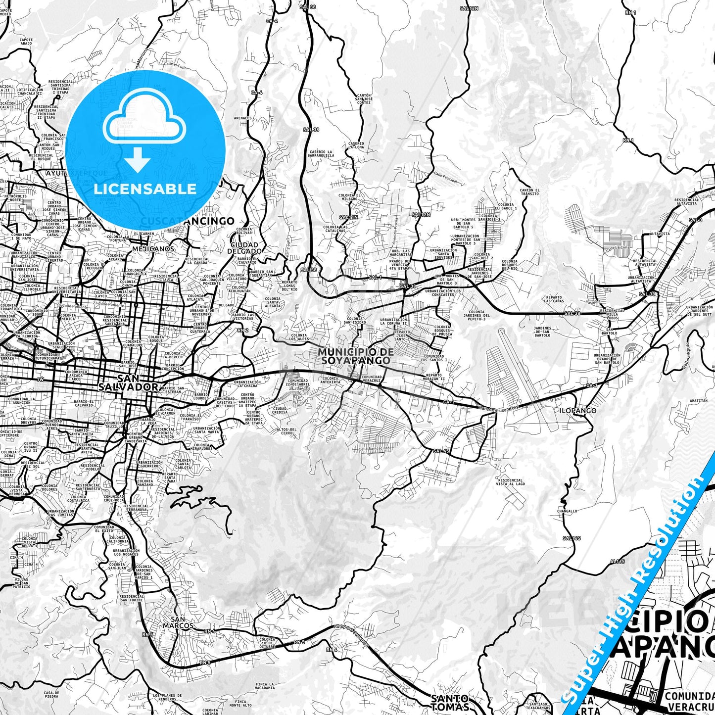 Soyapango, El Salvador Light Map with Street Names, City Names, and Districts