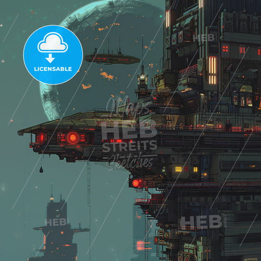 A Futuristic Building With A Large Round Planet In The Background