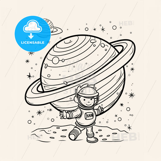 space style, PLANET SATURN, coloring pages for kids - A cartoon of a boy holding a planet