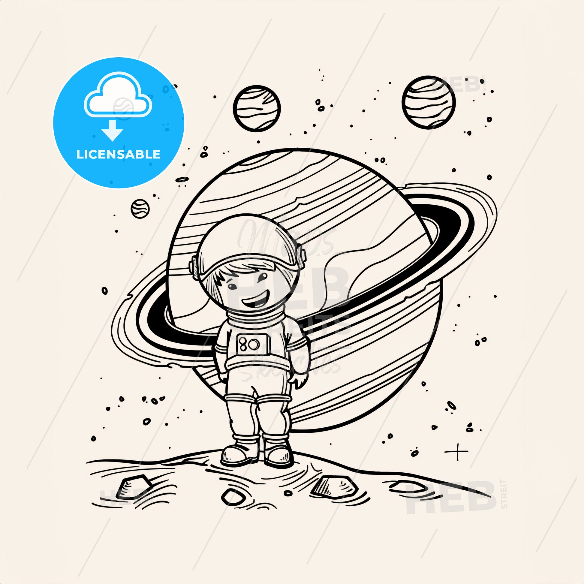 space style, PLANET SATURN, coloring pages for kids - A cartoon of a boy in space