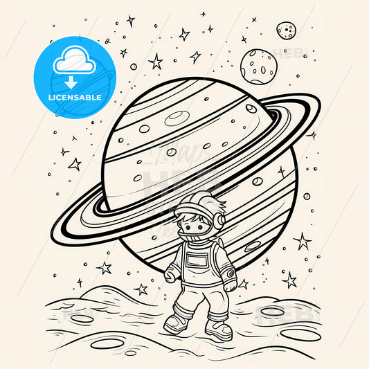 space style, PLANET SATURN, coloring pages for kids - A cartoon of a boy in space