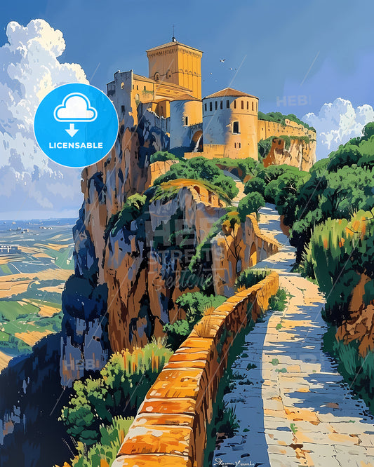 Spain, Europe - Stone Path to Majestic Clifftop Castle: A Vibrant Brushstroke Masterpiece