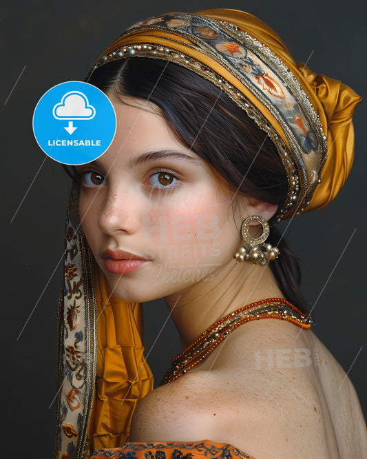 Intricate Spanish Noblewoman Portrait, 17th Century, Blue and Gold Costume, Intelligent Gaze, Long Hair, Headscarf, Earrings, Renaissance Art