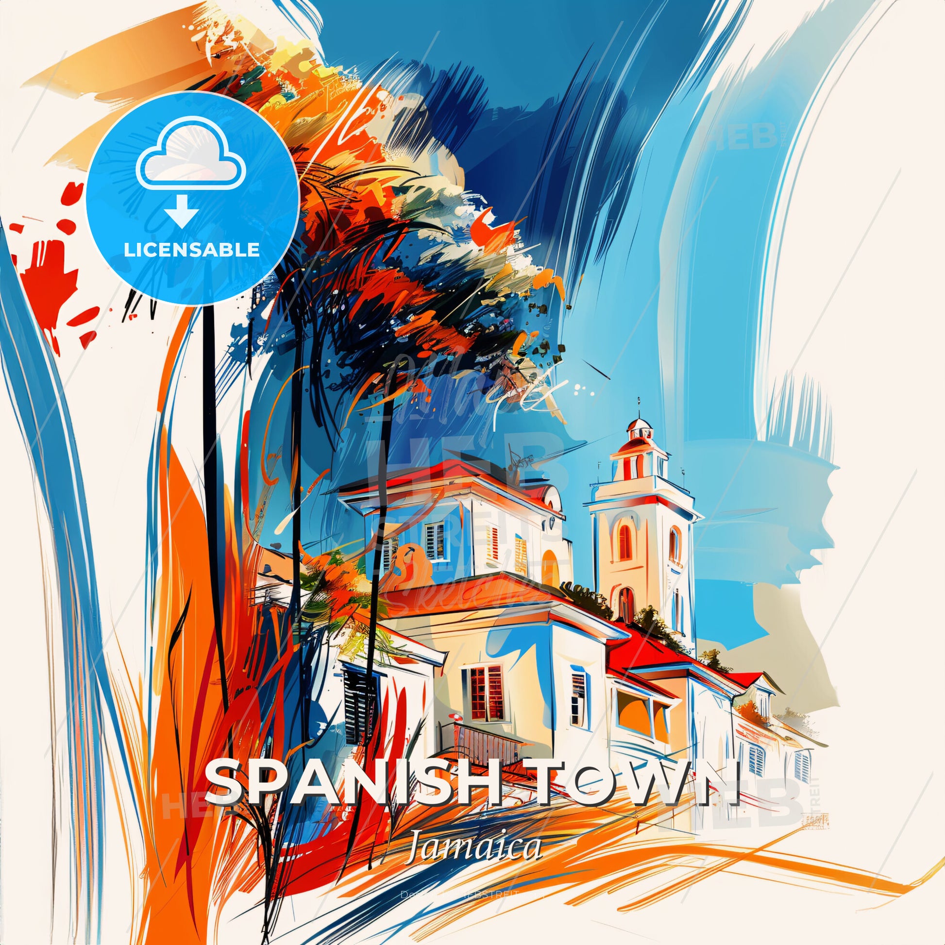 Vibrant Spanish Town, Jamaica - A Painting Of A Building With Palm Trees - Square format print template