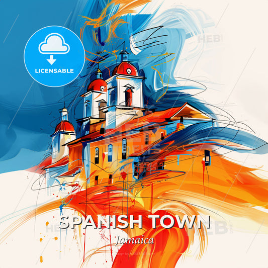 Vibrant Spanish Town, Jamaica - A Painting Of A Building With Orange And Blue Colors - Square format print template