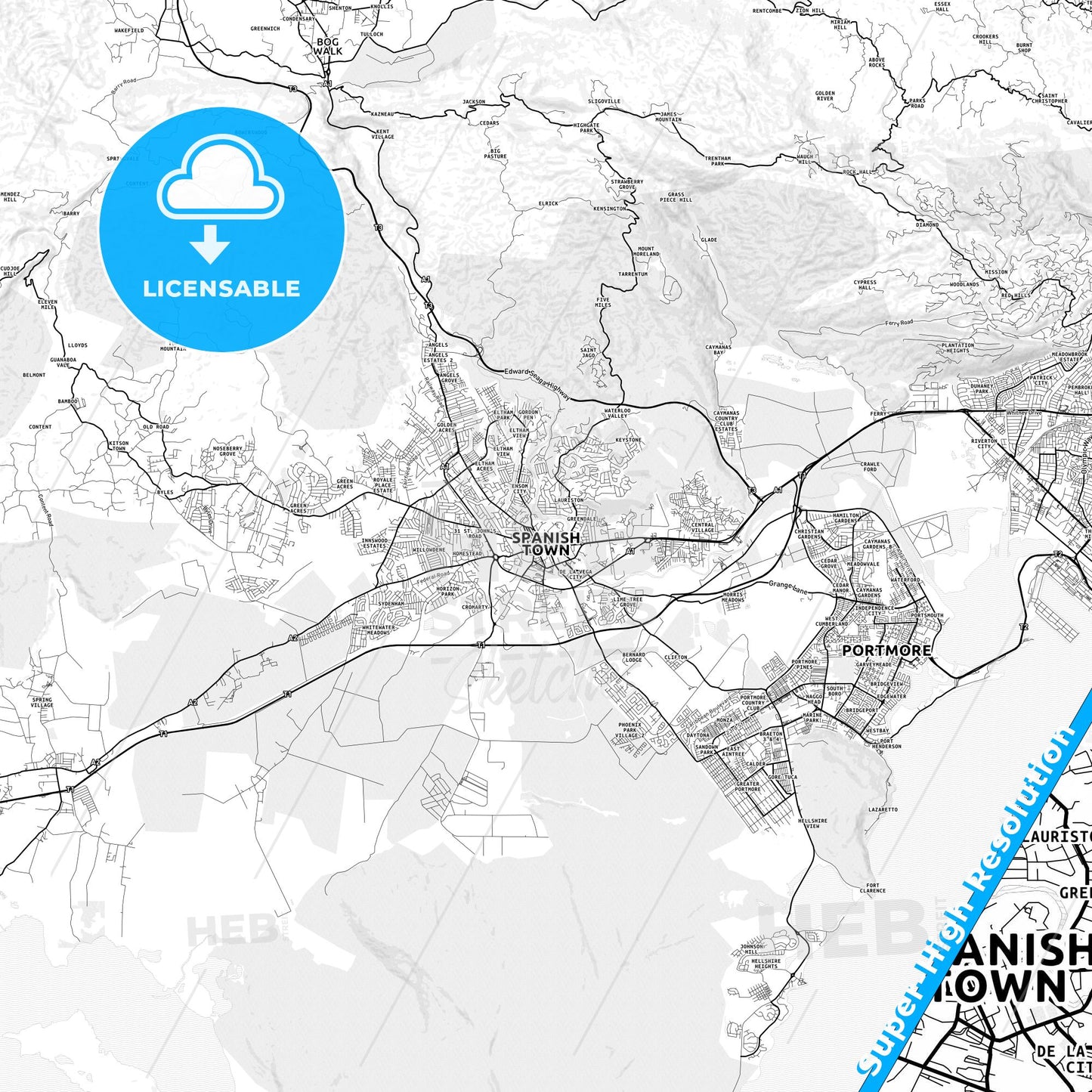Spanish Town, Jamaica light map with streetnames, citynames and districts