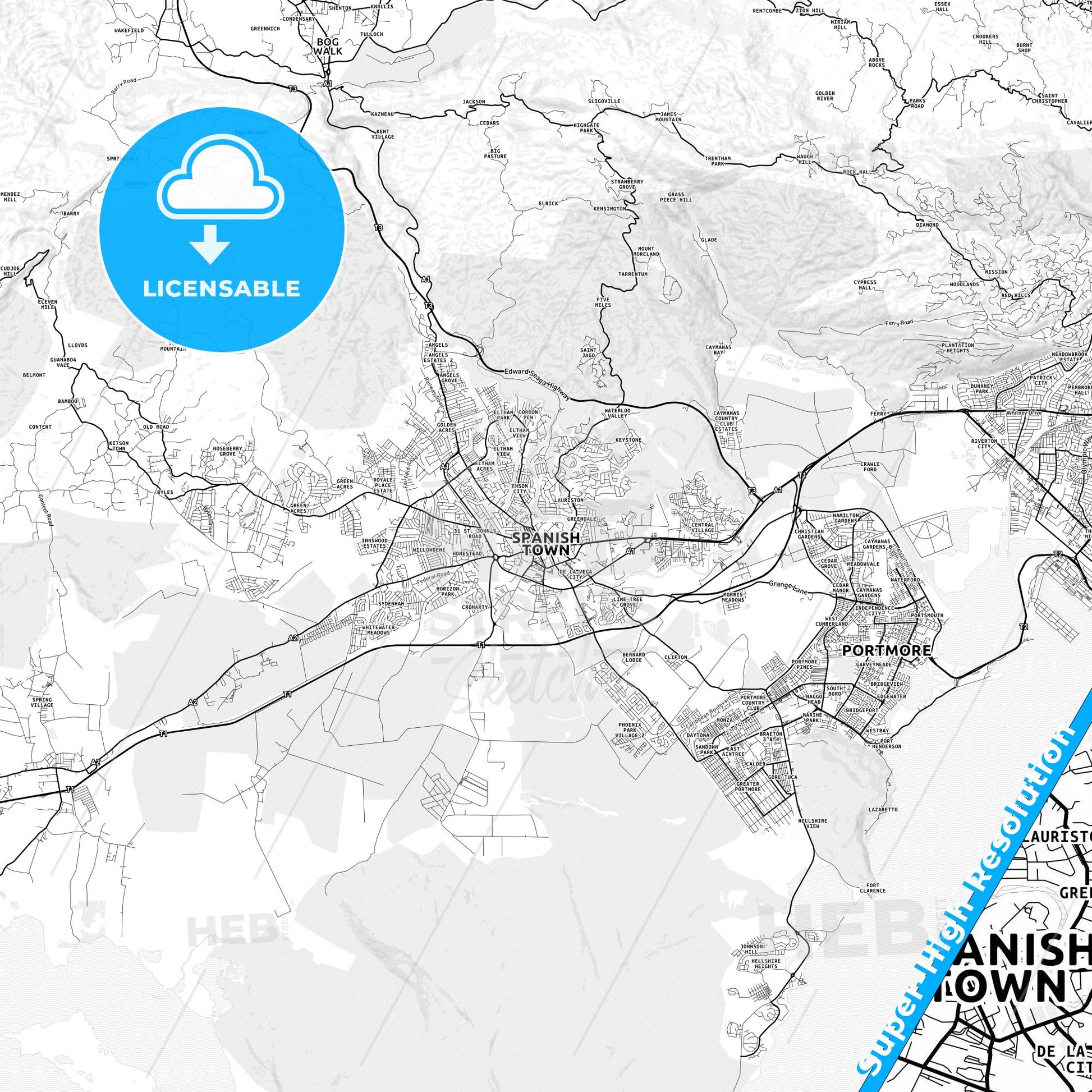 Spanish Town, Jamaica light map with streetnames, citynames and districts