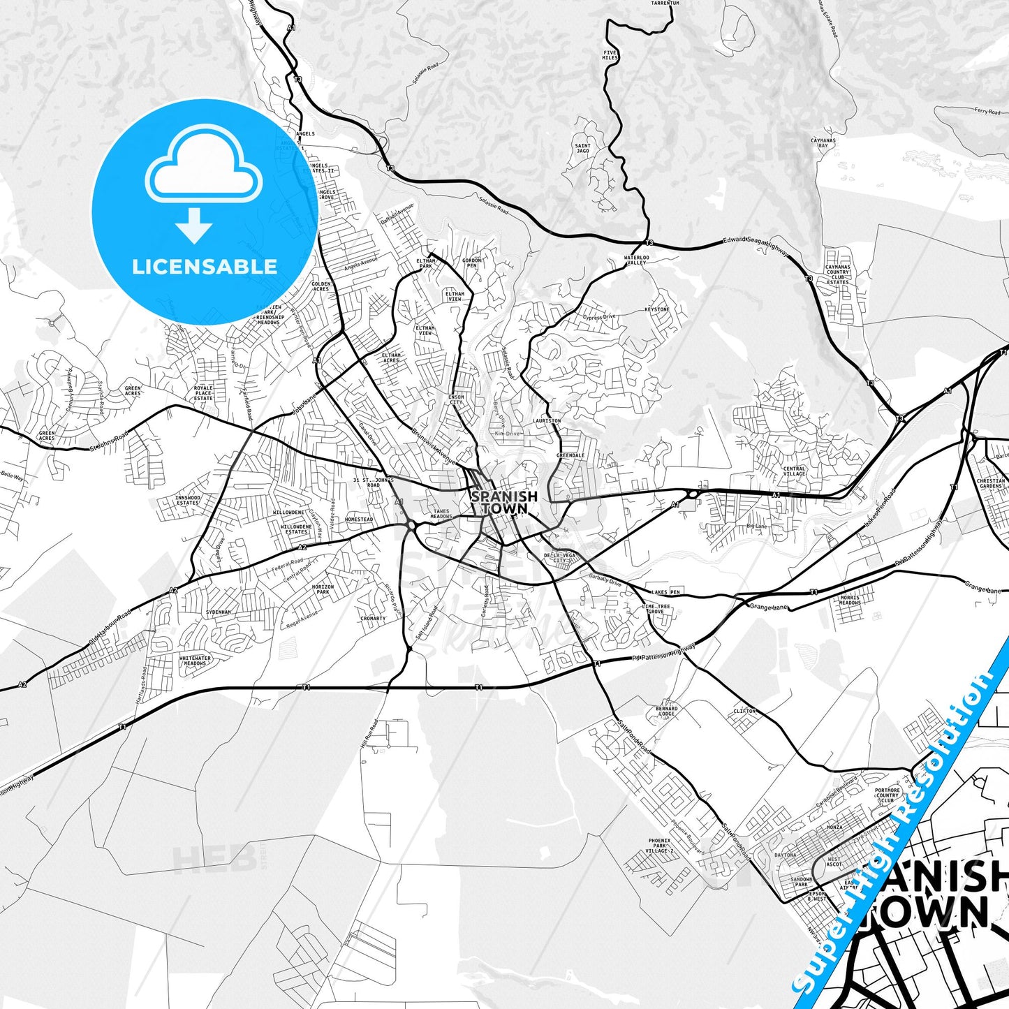 Spanish Town, Jamaica Light Map with Street Names, City Names, and Districts