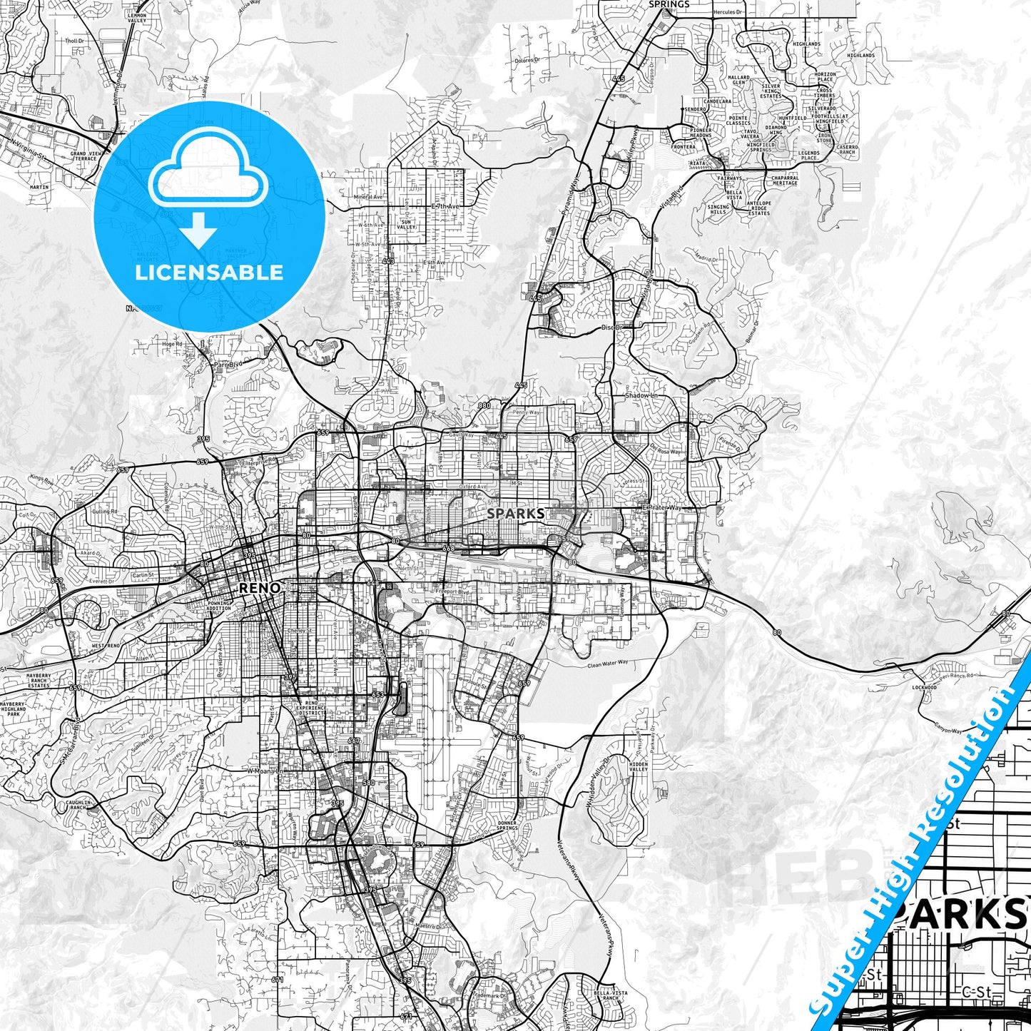Sparks, Nevada light map with streetnames, citynames and districts