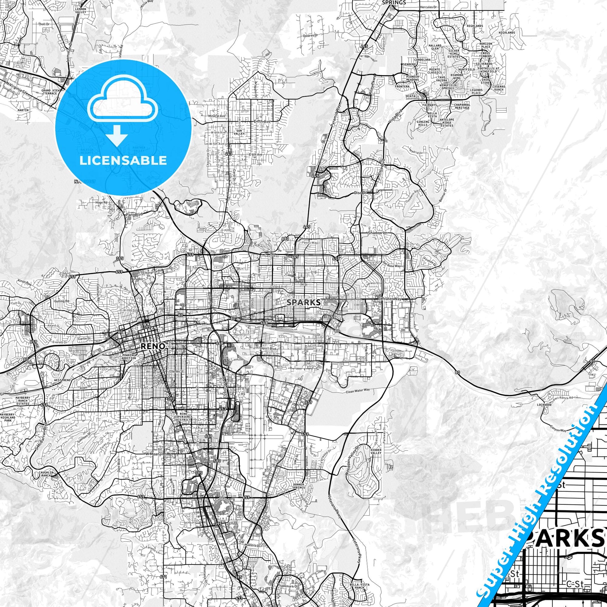 Sparks, Nevada light map with streetnames, citynames and districts
