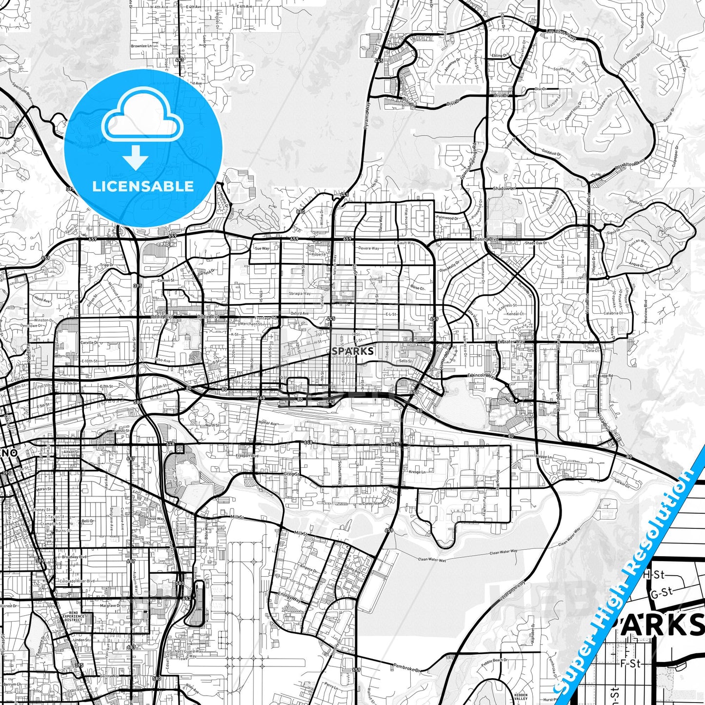 Sparks, Nevada Light Map with Street Names, City Names, and Districts