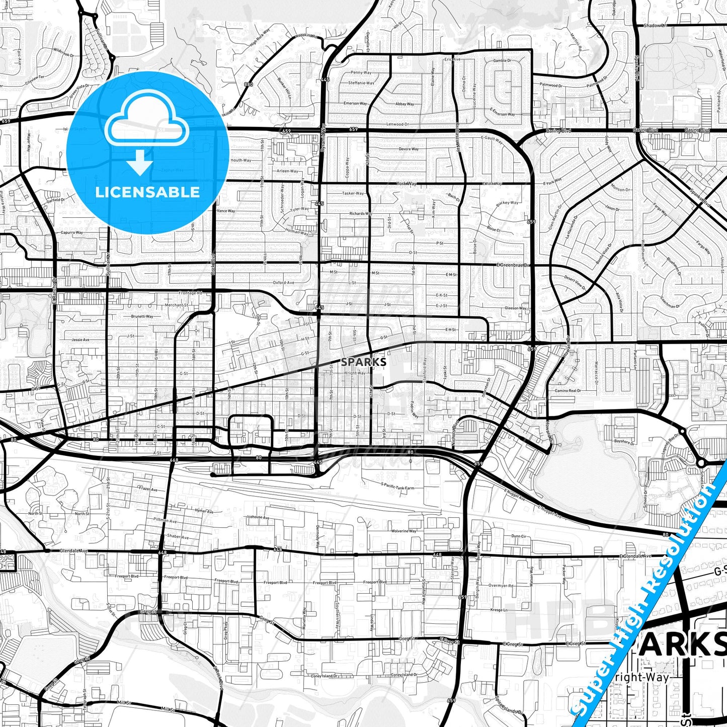 Sparks, Nevada Light Map with Street Names, City Names, and Districts