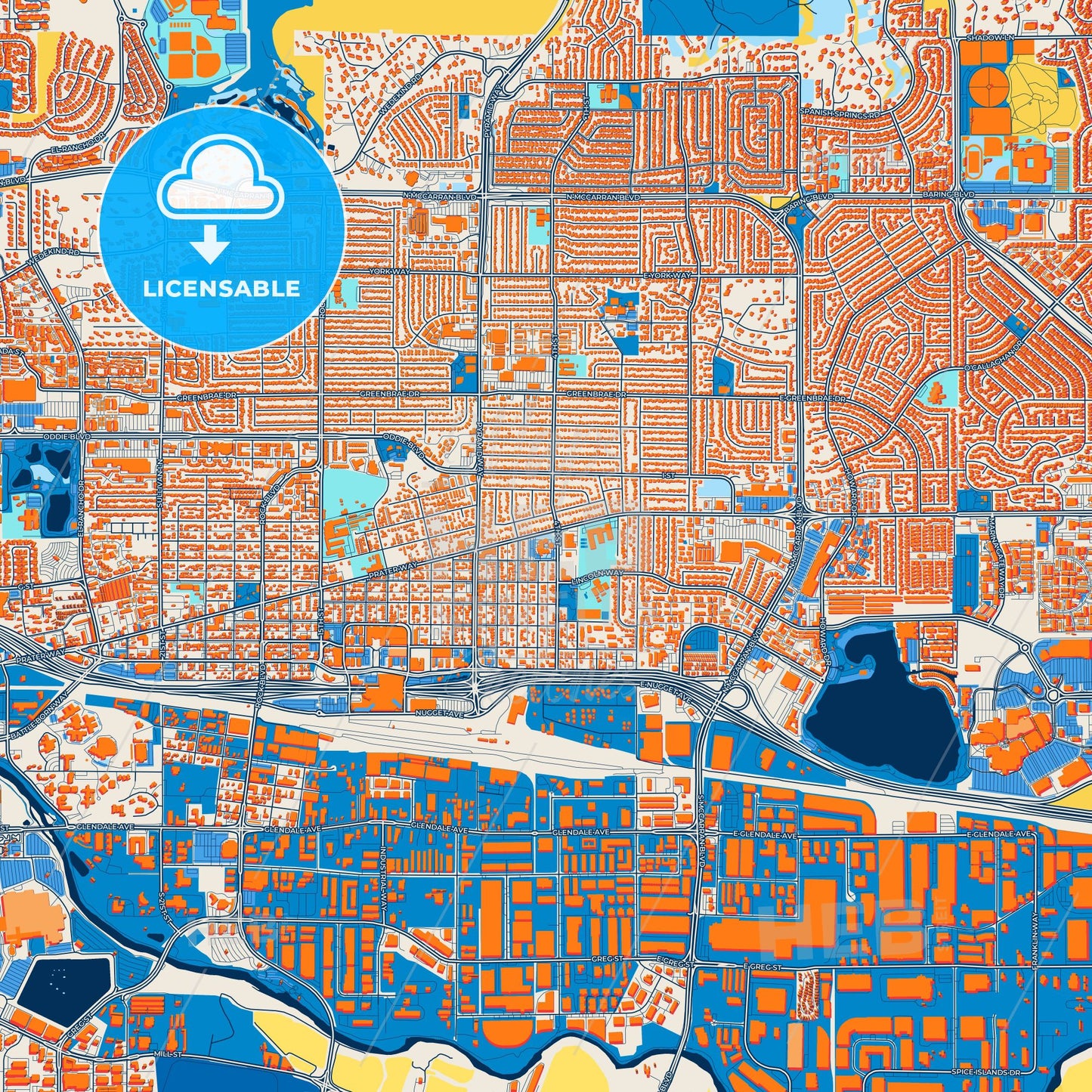 Colorful Sparks Street Map with Labels and Buildings