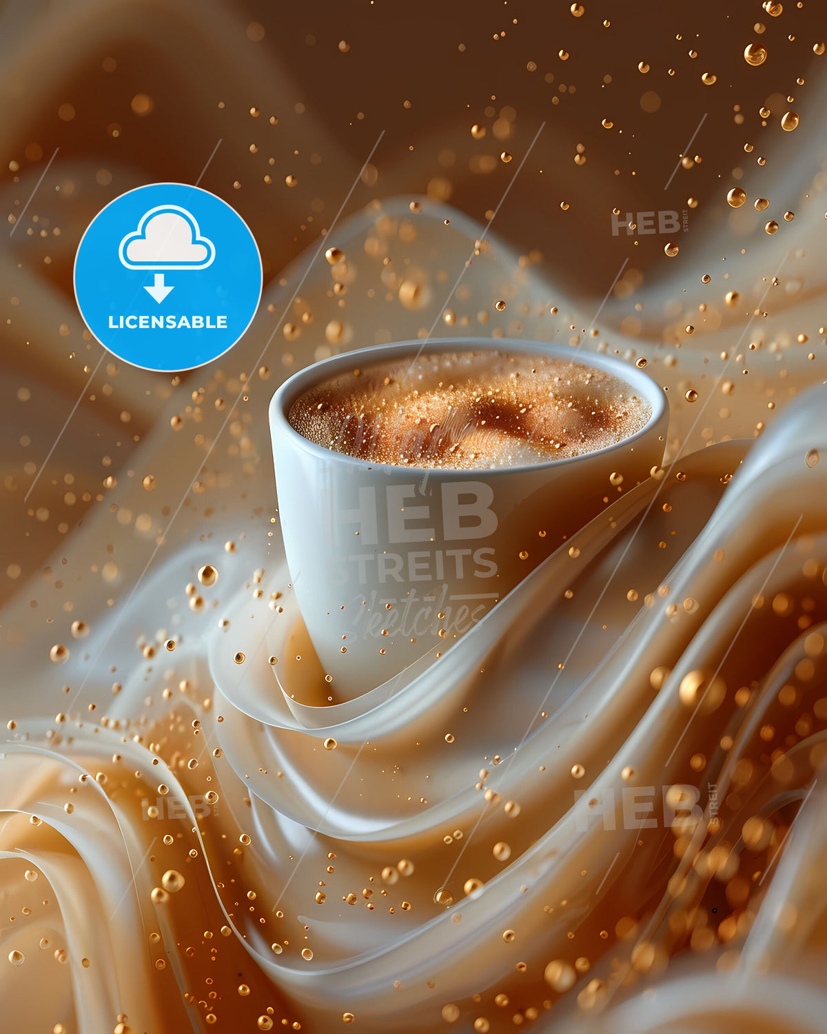 Close-up Photograph of a Hyper-Realistic, Vibrant Coffee and Fabric Swirl Painting in a Surrealist Style with Smooth Textures and Vibrant Colors