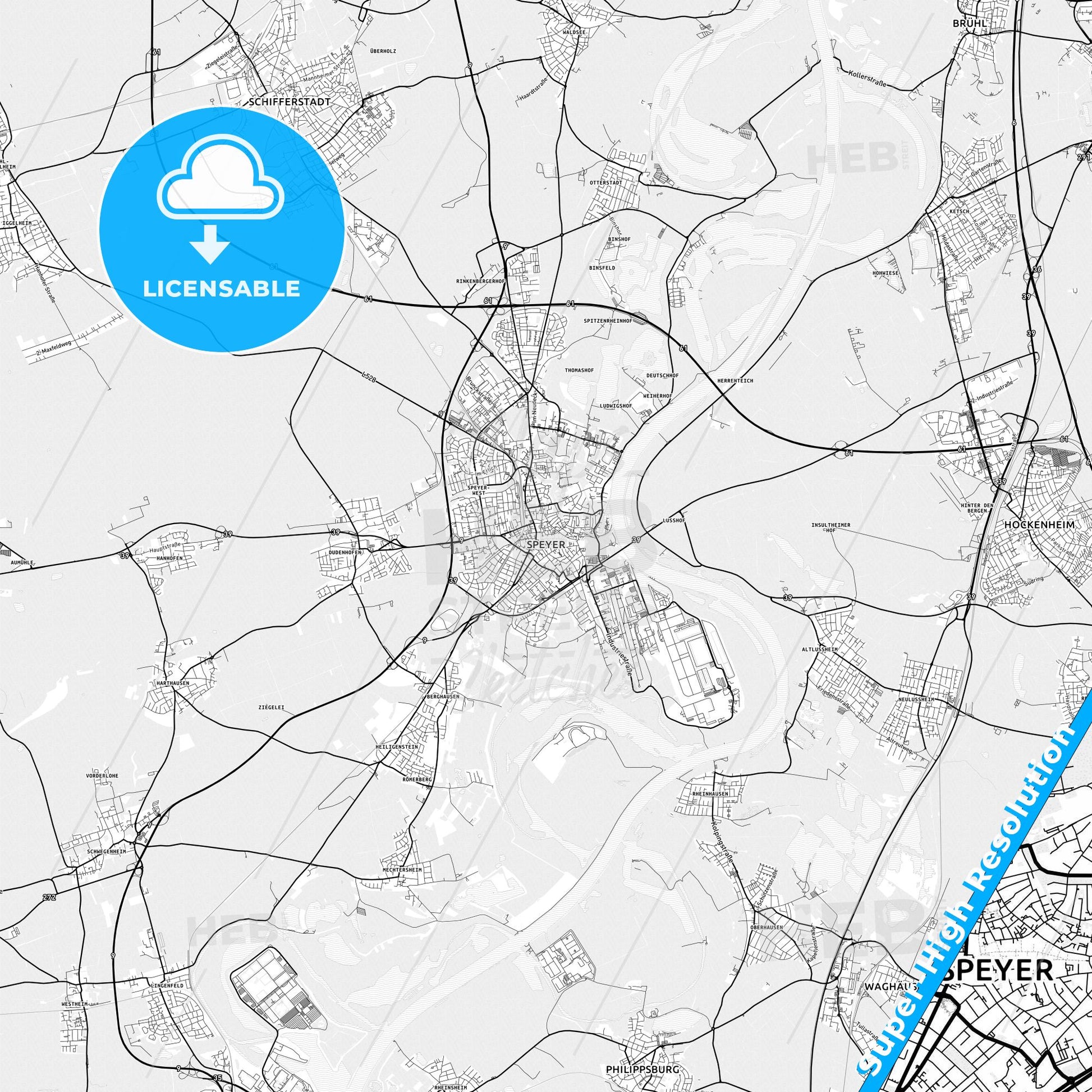 Speyer, Germany light map with streetnames, citynames and districts