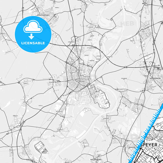 Speyer, Germany light map with streetnames, citynames and districts