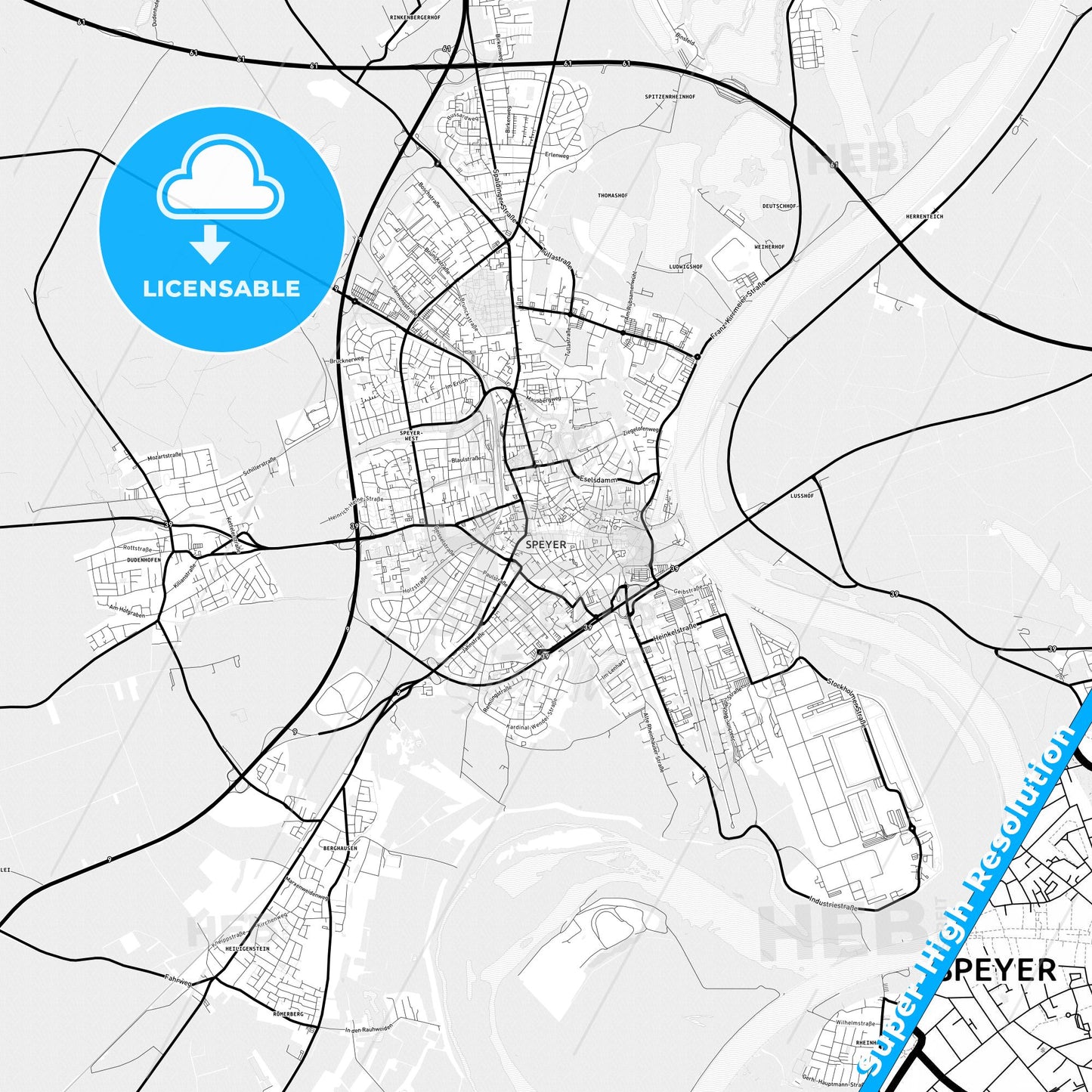 Speyer, Germany Light Map with Street Names, City Names, and Districts