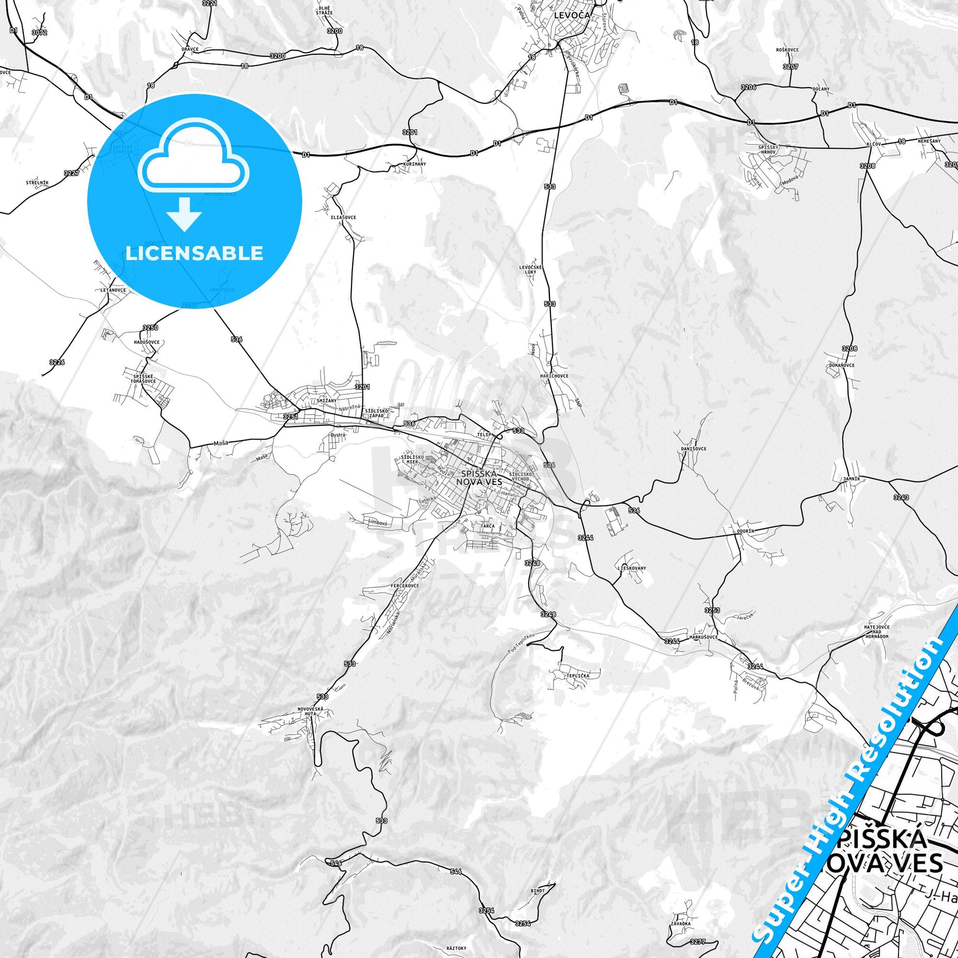Spišská Nová Ves, Slovakia light map with streetnames, citynames and districts