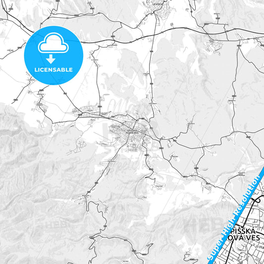 Spišská Nová Ves, Slovakia light map with streetnames, citynames and districts