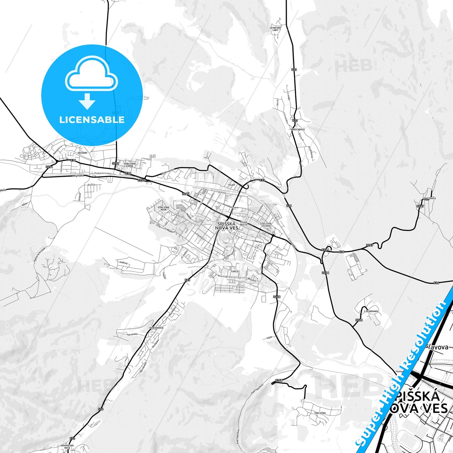 Spišská Nová Ves, Slovakia Light Map with Street Names, City Names, and Districts